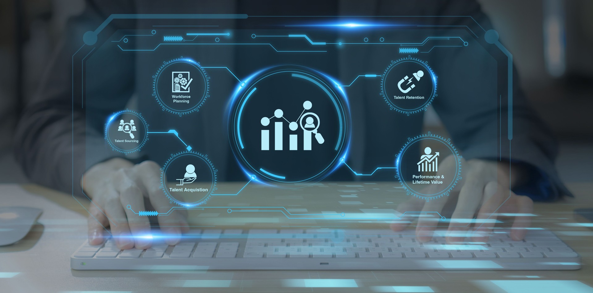 HR, People analytics concept. Transforming HR landscape to achieve sustainable business success. Deeply data driven and goal focused people processes, functions, challenges, and opportunities at work.